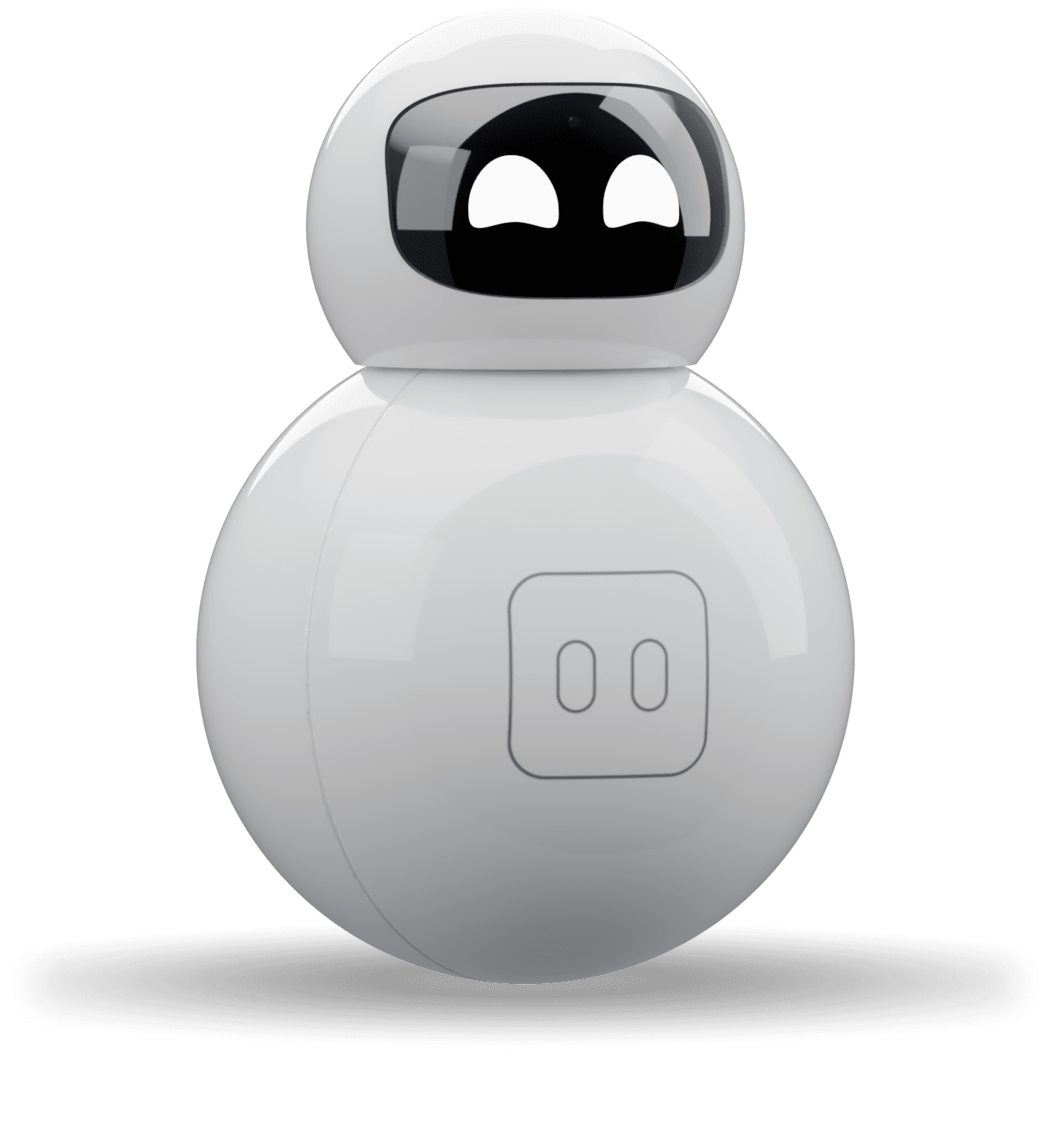 Magnus, a small white desk robot with a round head and body, two lit eyes behind a dark glass visor